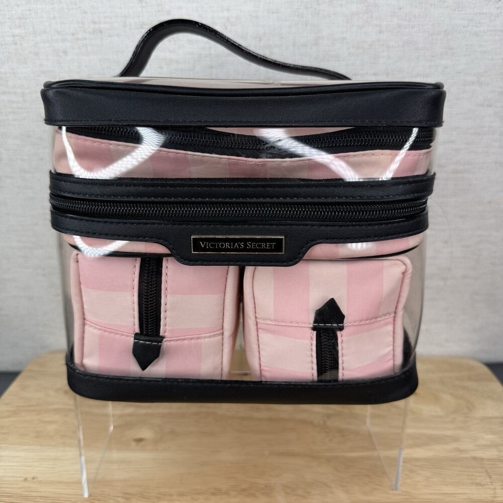 Victoria's Secret 4 Pc Pink Stripe Vanity Train Case Cosmetic Travel Bag Set